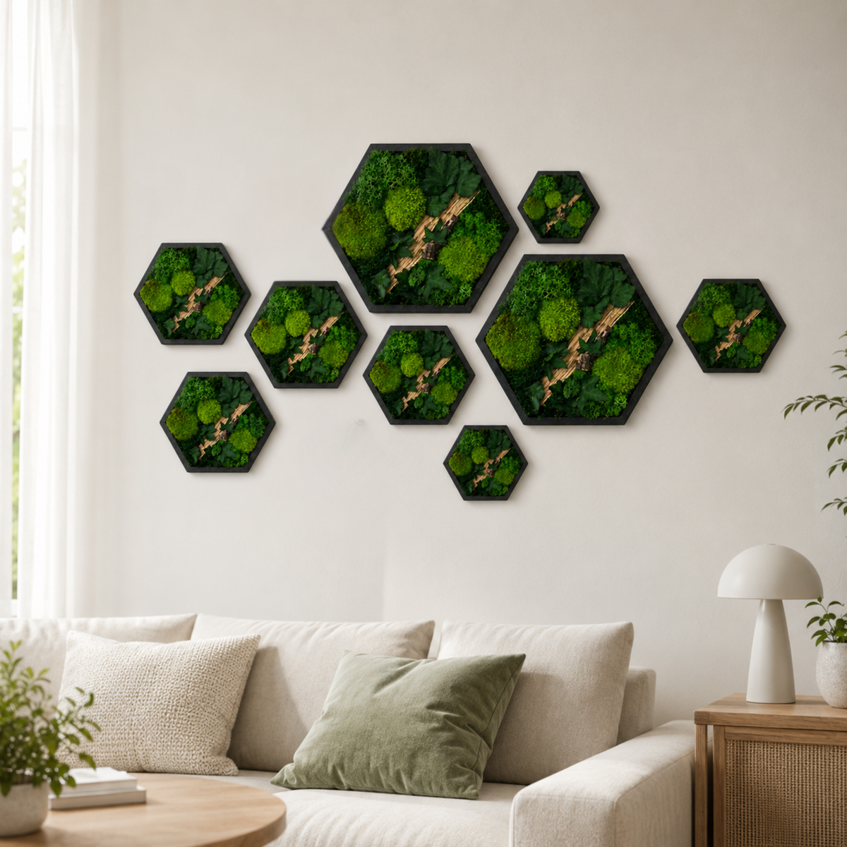 Moosbild Waben Set 3-teilig – Hexagon Wandbild aus Echtmoos mit Efeu & Holz