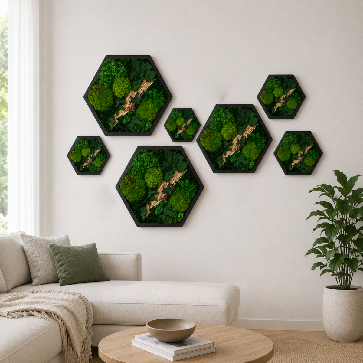 Moosbild Waben Set 3-teilig – Hexagon Wandbild aus Echtmoos mit Efeu & Holz