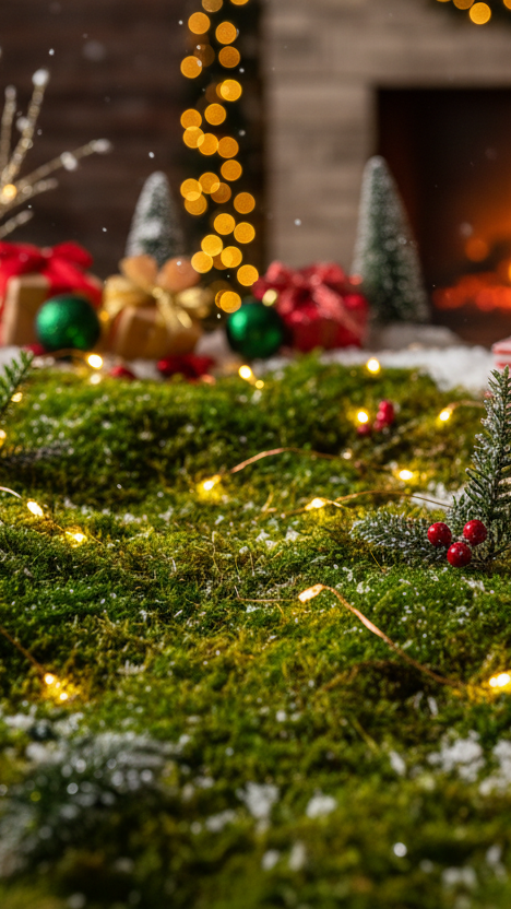 Auf dem Bild soll Moos in einer Weihnachtskullise zu sehen sein, mit Schnee und Geschenken