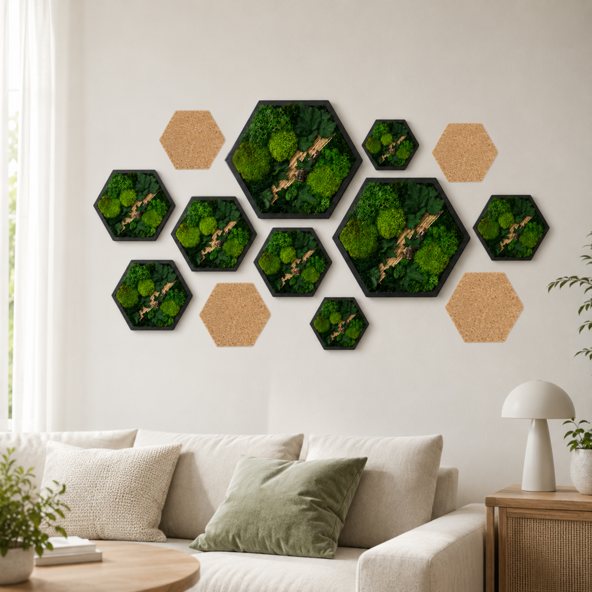 Moosbild Waben Set 3-teilig – Hexagon Wandbild aus Echtmoos mit Efeu & Holz