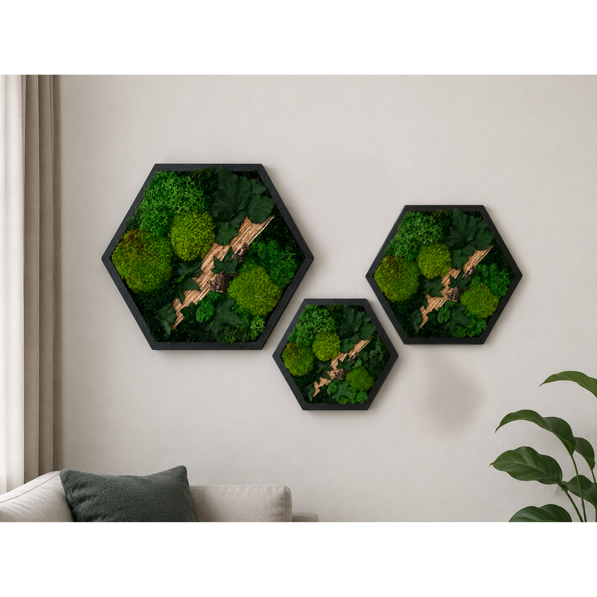 Moosbild Waben Set 3-teilig – Hexagon Wandbild aus Echtmoos mit Efeu & Holz