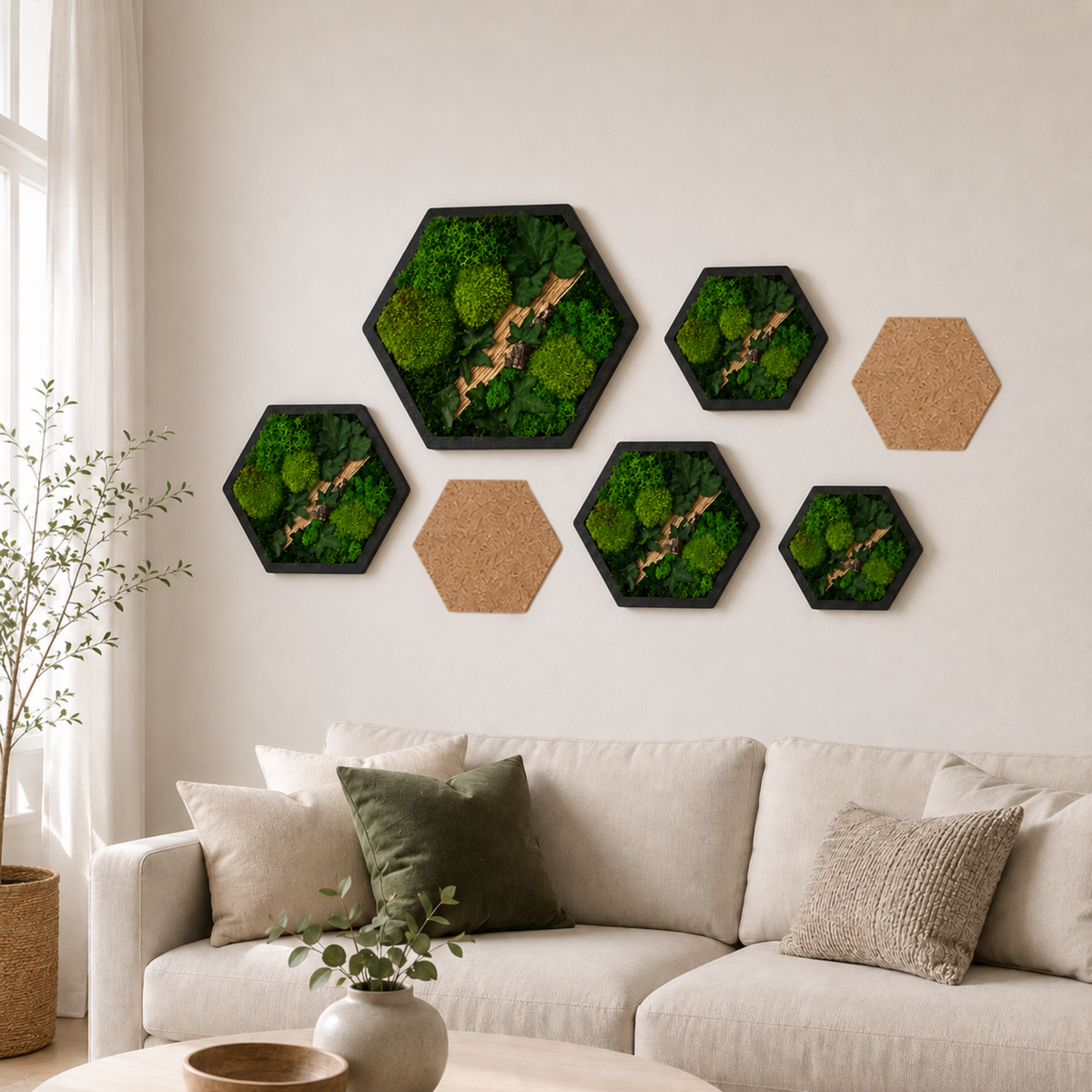 Moosbild Waben Set 3-teilig – Hexagon Wandbild aus Echtmoos mit Efeu & Holz