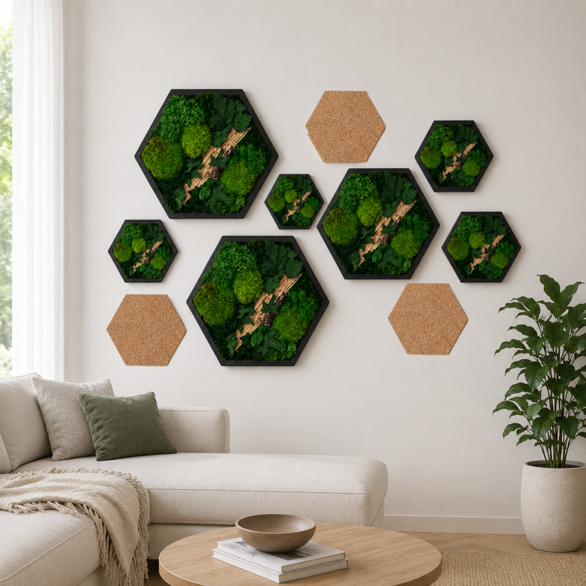 Moosbild Waben Set 3-teilig – Hexagon Wandbild aus Echtmoos mit Efeu & Holz