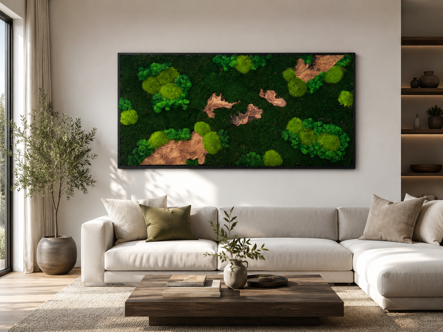 Moosbild - Olivenholz - Flachmoos - Kugelmoos - Islandmoos und Holz Elemente